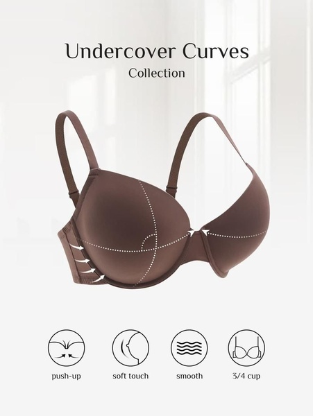 A clean, minimalist product ad showcasing a push-up bra with illustrative callouts detailing key features like soft touch, smoothing, and cup coverage.